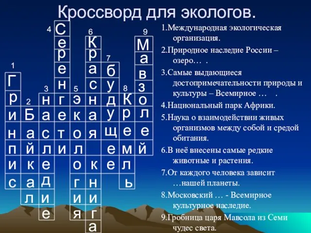 Кроссворд для экологов. 1.Международная экологическая организация. 2.Природное наследие России – озеро… .