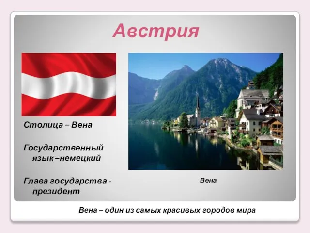 Столица – Вена Государственный язык –немецкий Глава государства - президент Вена –