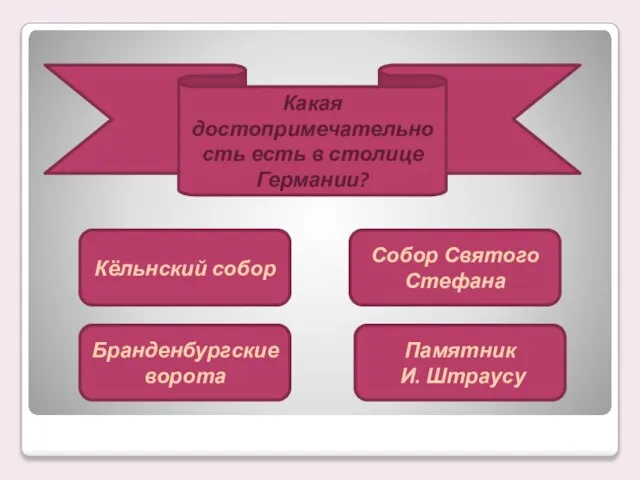 Какая достопримечательность есть в столице Германии? Кёльнский собор Бранденбургские ворота Собор Святого Стефана Памятник И. Штраусу