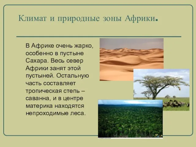 Климат и природные зоны Африки. В Африке очень жарко, особенно в пустыне