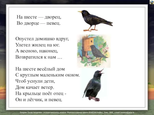 На шесте — дворец, Во дворце — певец. Опустел домишко вдруг, Улетел