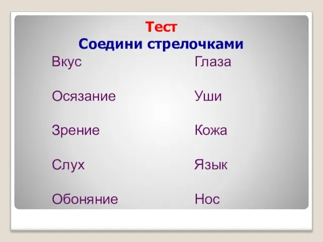 Тест Соедини стрелочками Глаза Уши Кожа Язык Нос Вкус Осязание Зрение Слух Обоняние