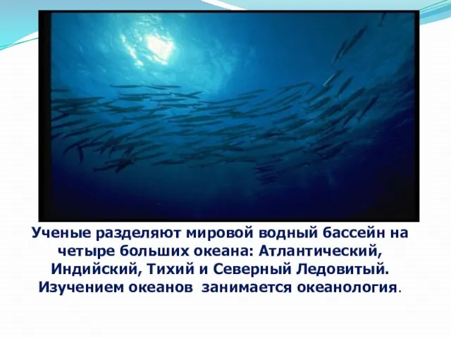 Ученые разделяют мировой водный бассейн на четыре больших океана: Атлантический, Индийский, Тихий