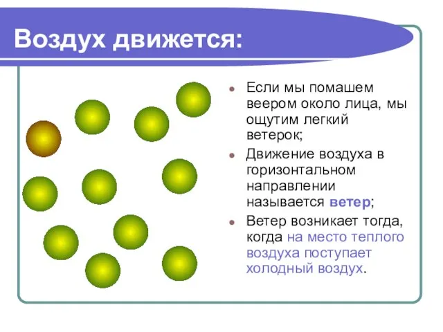 Воздух движется: Если мы помашем веером около лица, мы ощутим легкий ветерок;