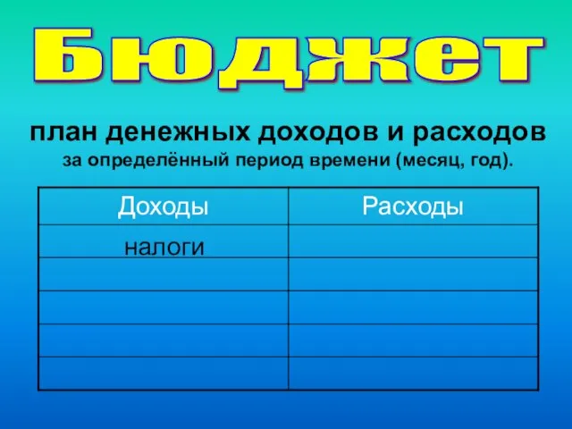 Бюджет план денежных доходов и расходов за определённый период времени (месяц, год). налоги