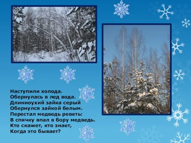 Наступили холода. Обернулась в лед вода. Длинноухий зайка серый Обернулся зайкой белым.