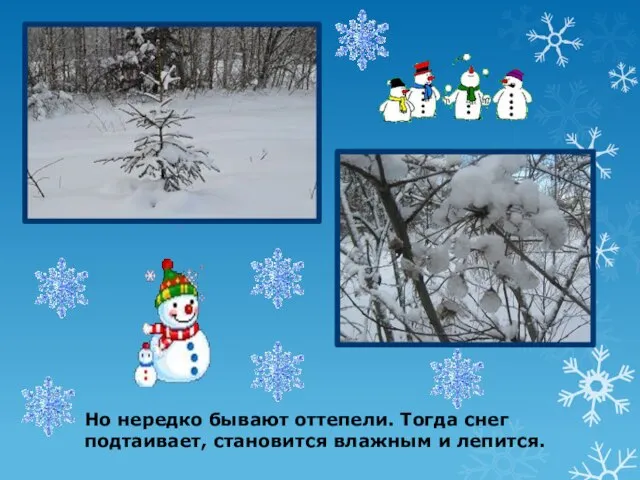 Но нередко бывают оттепели. Тогда снег подтаивает, становится влажным и лепится.