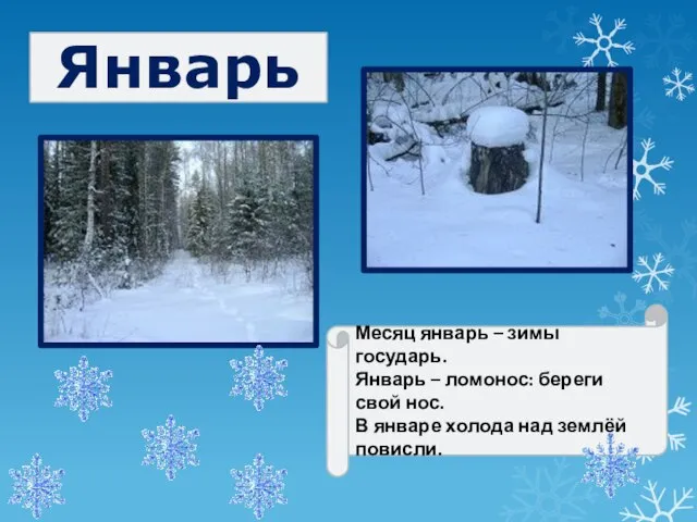 Январь Месяц январь – зимы государь. Январь – ломонос: береги свой нос.