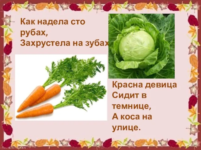 Как надела сто рубах, Захрустела на зубах Красна девица Сидит в темнице, А коса на улице.