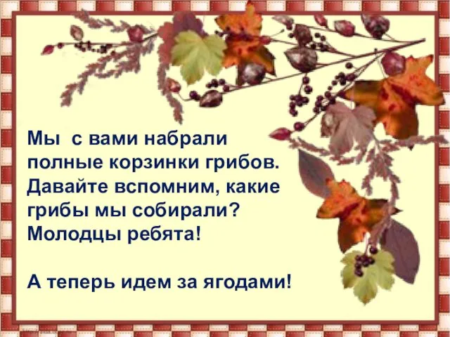 Мы с вами набрали полные корзинки грибов. Давайте вспомним, какие грибы мы