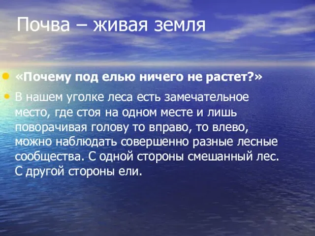 Почва – живая земля «Почему под елью ничего не растет?» В нашем