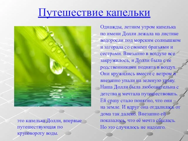 Путешествие капельки Однажды, летним утром капелька по имени Долли лежала на листике