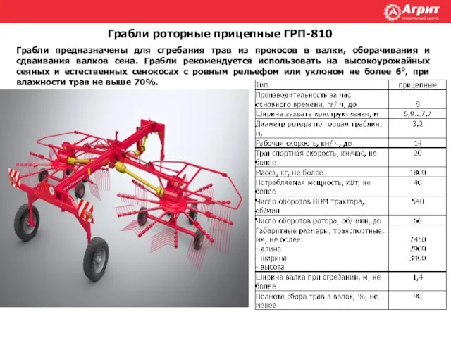 Грабли роторные прицепные ГРП-810 Грабли предназначены для сгребания трав из прокосов в