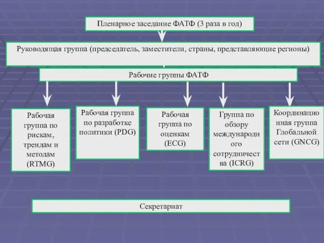 Пленарное заседание ФАТФ (3 раза в год) Руководящая группа (председатель, заместители, страны,