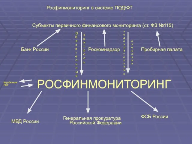 РОСФИНМОНИТОРИНГ Банк России Роскомнадзор Пробирная палата Субъекты первичного финансового мониторинга (ст. ФЗ