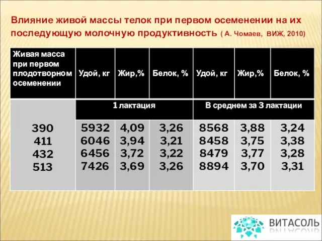 Влияние живой массы телок при первом осеменении на их последующую молочную продуктивность