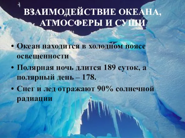 ВЗАИМОДЕЙСТВИЕ ОКЕАНА, АТМОСФЕРЫ И СУШИ Океан находится в холодном поясе освещенности Полярная