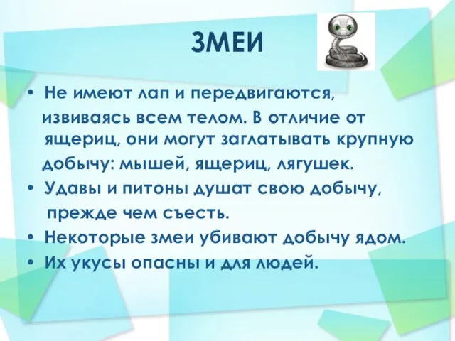 ЗМЕИ Не имеют лап и передвигаются, извиваясь всем телом. В отличие от