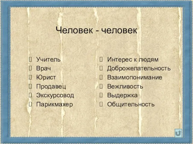 Человек - человек Учитель Врач Юрист Продавец Экскурсовод Парикмахер Интерес к людям