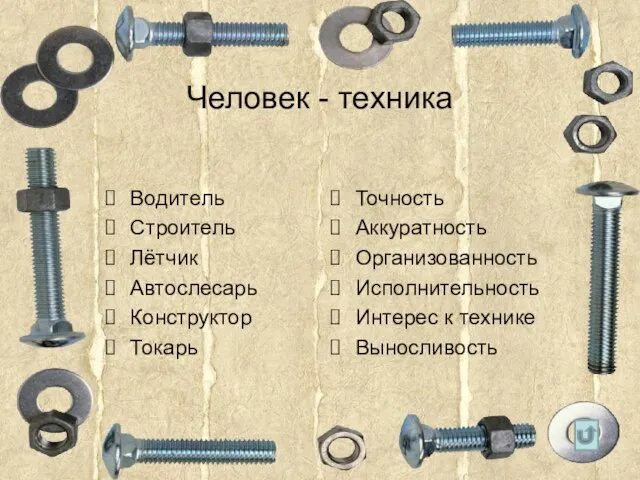 Человек - техника Водитель Строитель Лётчик Автослесарь Конструктор Токарь Точность Аккуратность Организованность