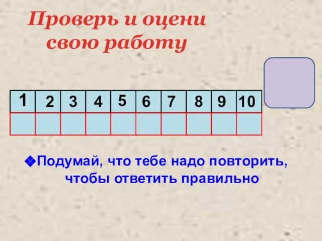 Проверь и оцени свою работу Подумай, что тебе надо повторить, чтобы ответить