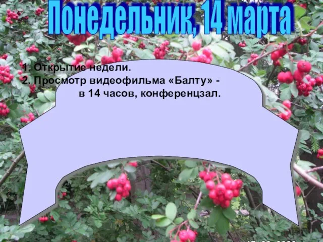 Понедельник, 14 марта 1. Открытие недели. 2. Просмотр видеофильма «Балту» - в 14 часов, конференцзал.