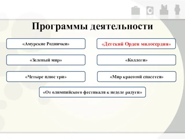 Программы деятельности «Амурские Роднички» «Детский Орден милосердия» «Зеленый мир» «Коллеги» «Мир красотой