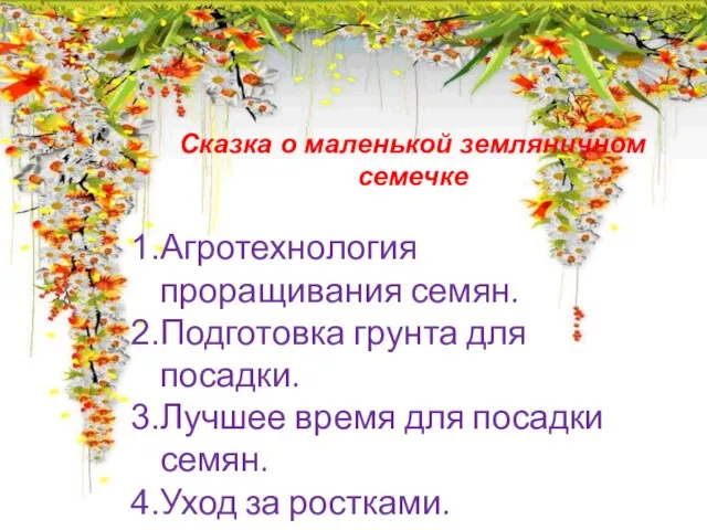 Сказка о маленькой земляничном семечке Агротехнология проращивания семян. Подготовка грунта для посадки.