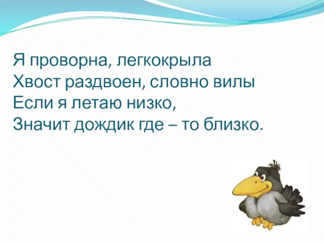 Я проворна, легкокрыла Хвост раздвоен, словно вилы Если я летаю низко, Значит