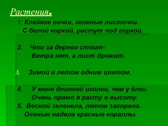 Растения. 1. Клейкие почки, зеленые листочки. С белой коркой, растут под горкой.