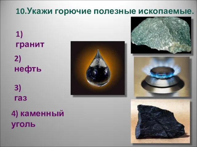 10.Укажи горючие полезные ископаемые. 1) гранит 2) нефть 3) газ 4) каменный уголь