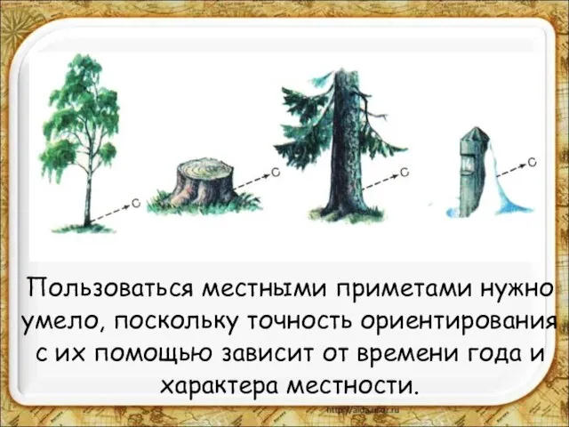 Пользоваться местными приметами нужно умело, поскольку точность ориентирования с их помощью зависит