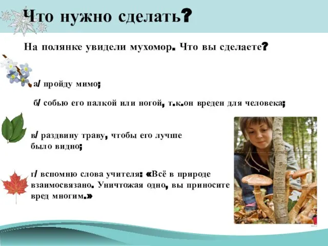 Что нужно сделать? На полянке увидели мухомор. Что вы сделаете? а/ пройду