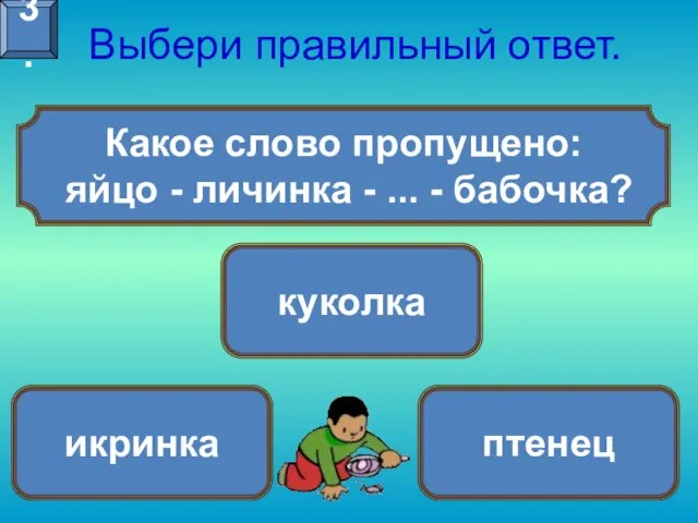 Какое слово пропущено: яйцо - личинка - ... - бабочка? Выбери правильный