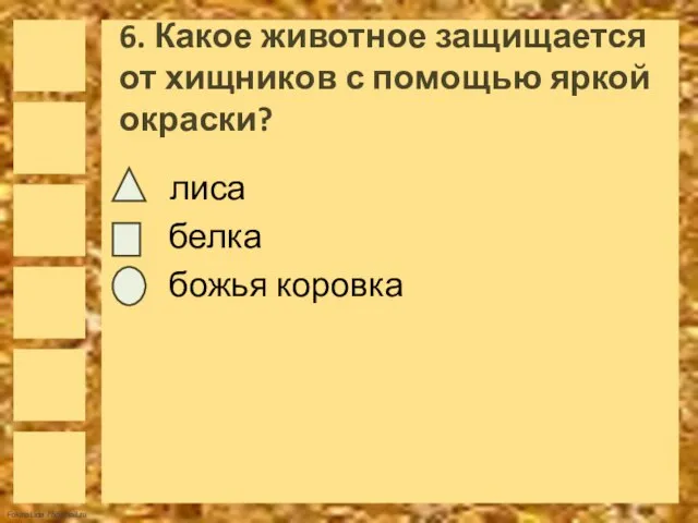 6. Какое животное защищается от хищников с помощью яркой окраски? лиса белка божья коровка