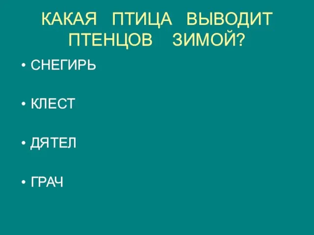 КАКАЯ ПТИЦА ВЫВОДИТ ПТЕНЦОВ ЗИМОЙ? СНЕГИРЬ КЛЕСТ ДЯТЕЛ ГРАЧ