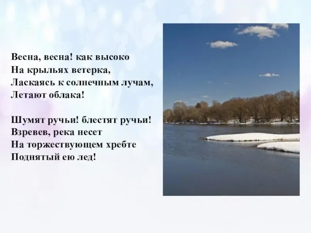 Весна, весна! как высоко На крыльях ветерка, Ласкаясь к солнечным лучам, Летают