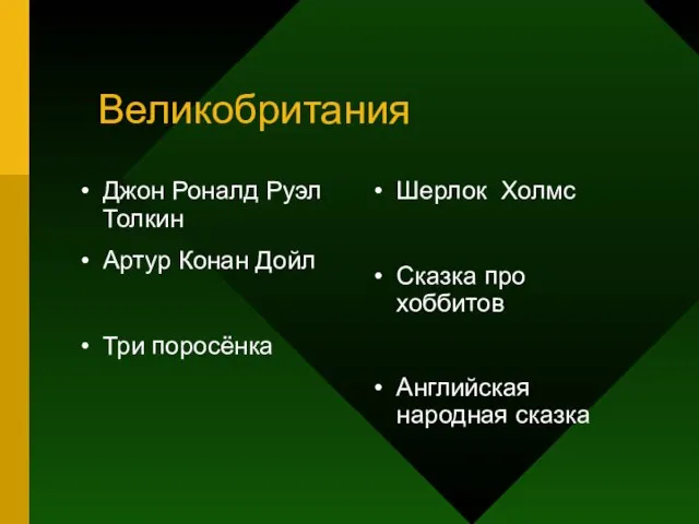 Великобритания Джон Роналд Руэл Толкин Артур Конан Дойл Три поросёнка Шерлок Холмс