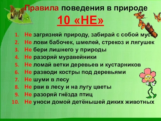 Правила поведения в природе 10 «НЕ» Не загрязняй природу, забирай с собой