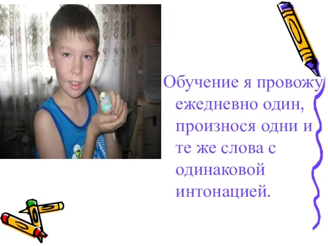 Обучение я провожу ежедневно один, произнося одни и те же слова с одинаковой интонацией.