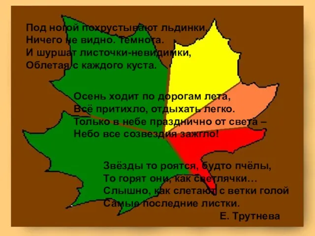 Под ногой похрустывают льдинки, Ничего не видно. Темнота. И шуршат листочки-невидимки, Облетая