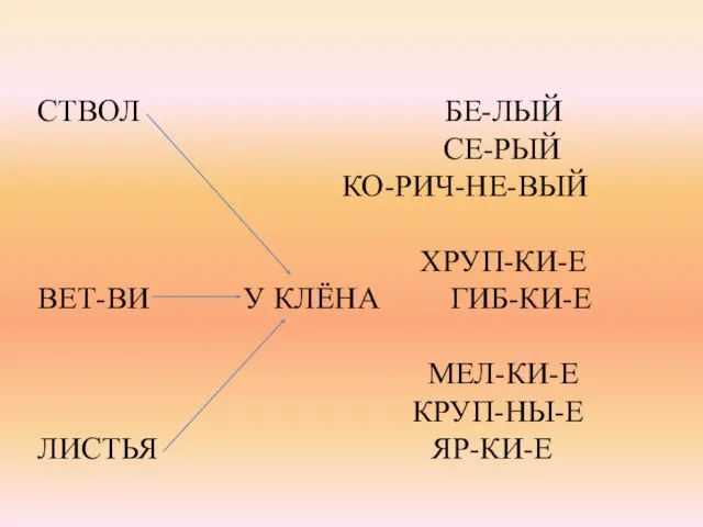 СТВОЛ БЕ-ЛЫЙ СЕ-РЫЙ КО-РИЧ-НЕ-ВЫЙ ХРУП-КИ-Е ВЕТ-ВИ У КЛЁНА ГИБ-КИ-Е МЕЛ-КИ-Е КРУП-НЫ-Е ЛИСТЬЯ ЯР-КИ-Е