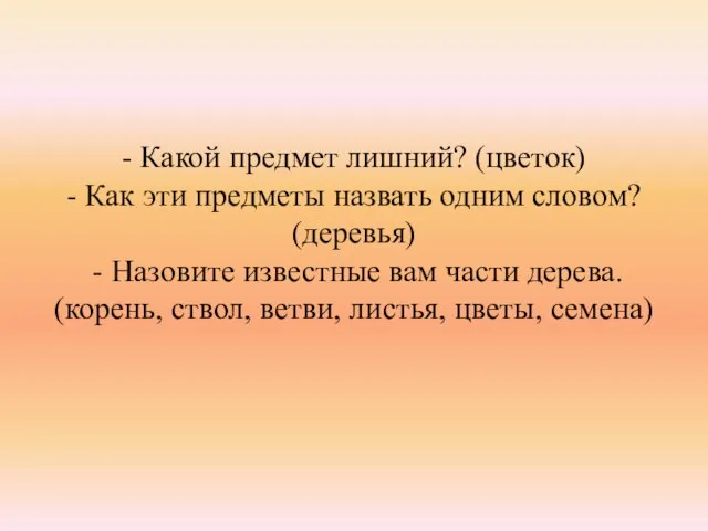 - Какой предмет лишний? (цветок) - Как эти предметы назвать одним словом?