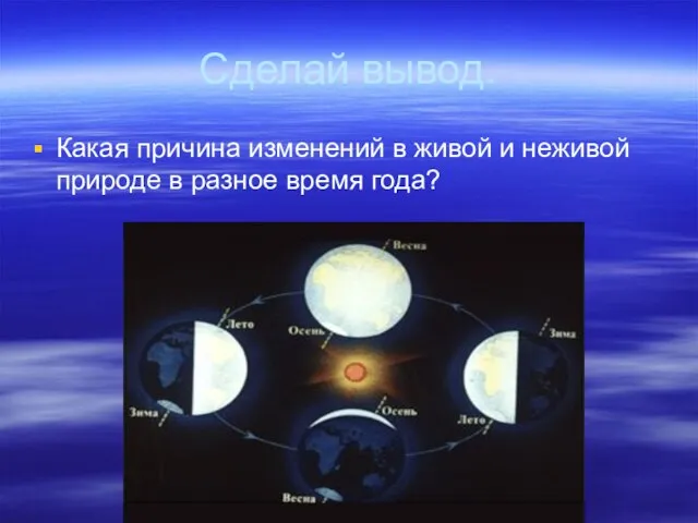 Сделай вывод. Какая причина изменений в живой и неживой природе в разное время года?