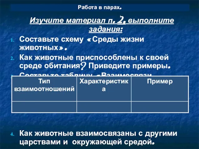 Работа в парах. Изучите материал п. 2, выполните задания: Составьте схему «Среды