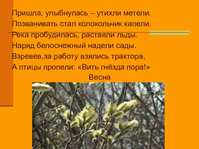 Пришла, улыбнулась – утихли метели. Позванивать стал колокольчик капели. Река пробудилась, растаяли