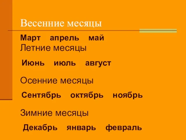 Весенние месяцы Летние месяцы Осенние месяцы Зимние месяцы Март апрель май Июнь