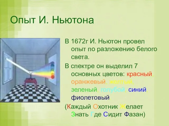 Опыт И. Ньютона В 1672г И. Ньютон провел опыт по разложению белого