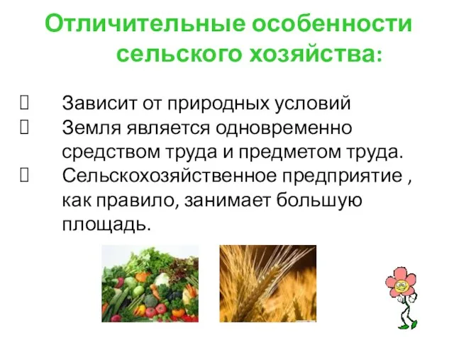 Отличительные особенности сельского хозяйства: Зависит от природных условий Земля является одновременно средством