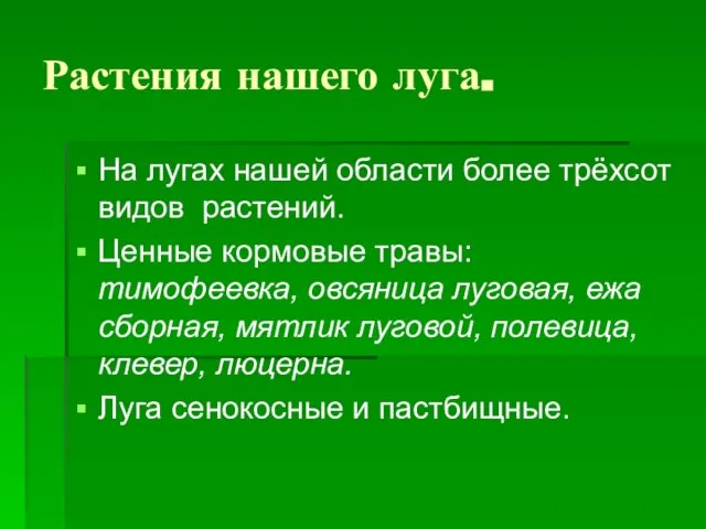 Растения нашего луга. На лугах нашей области более трёхсот видов растений. Ценные